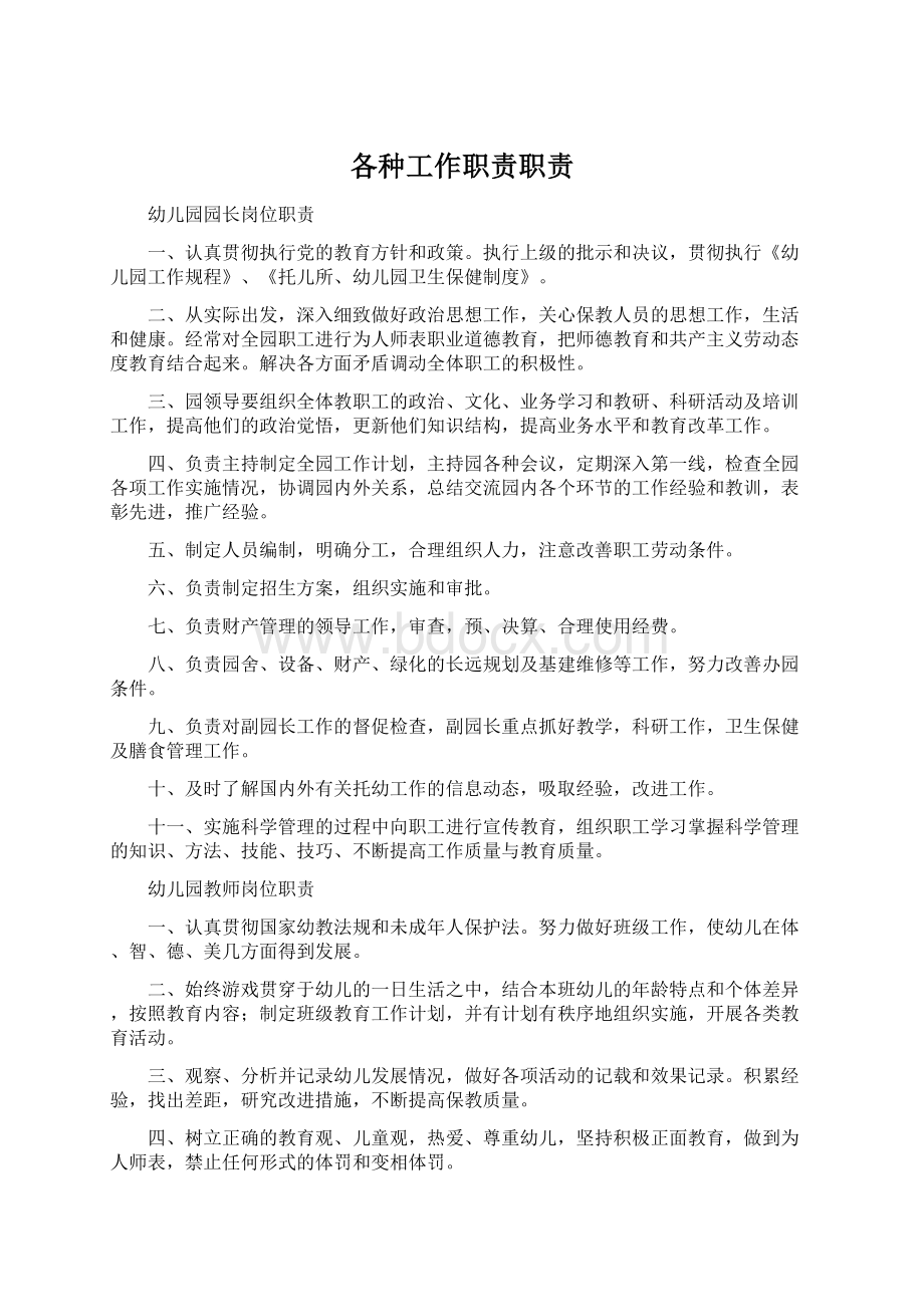 各种工作职责职责Word文档格式.docx