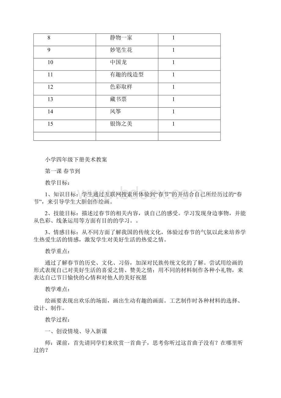 最新湘教版四年级美术下册教案附教学计划文档格式.docx_第3页