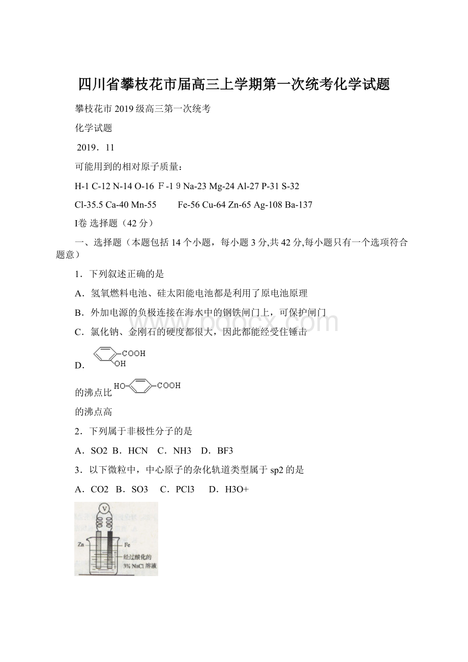 四川省攀枝花市届高三上学期第一次统考化学试题.docx