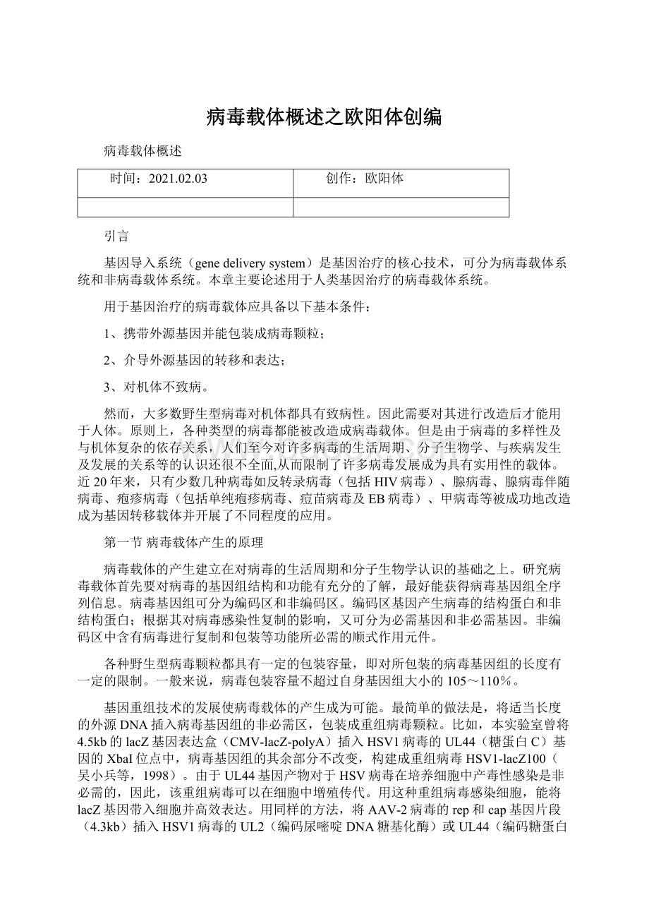 病毒载体概述之欧阳体创编Word文档下载推荐.docx