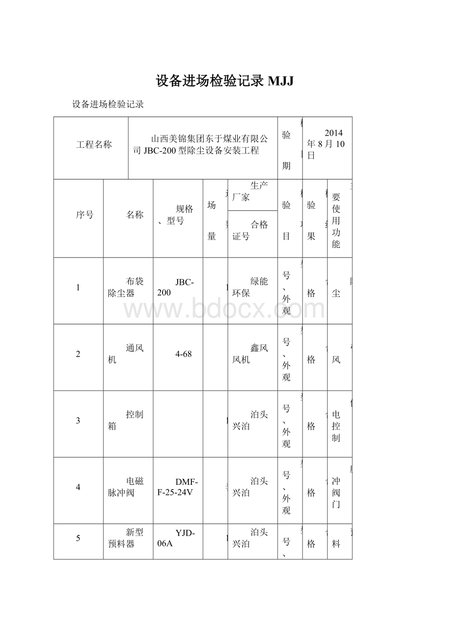 设备进场检验记录MJJWord格式文档下载.docx