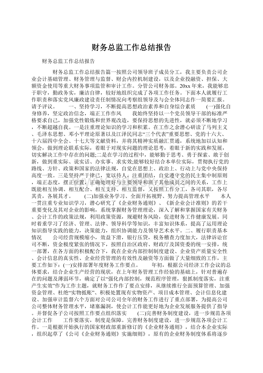 财务总监工作总结报告Word下载.docx