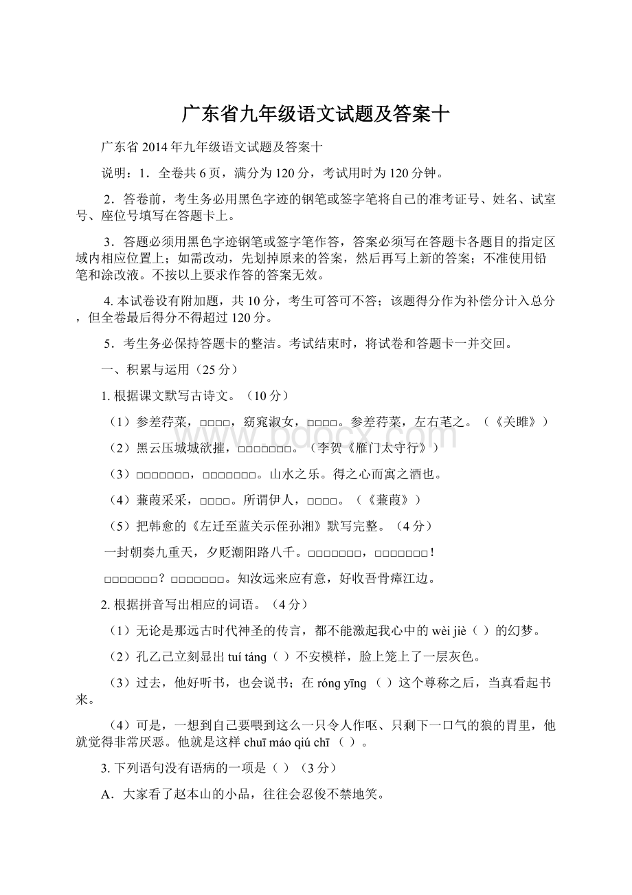 广东省九年级语文试题及答案十.docx_第1页