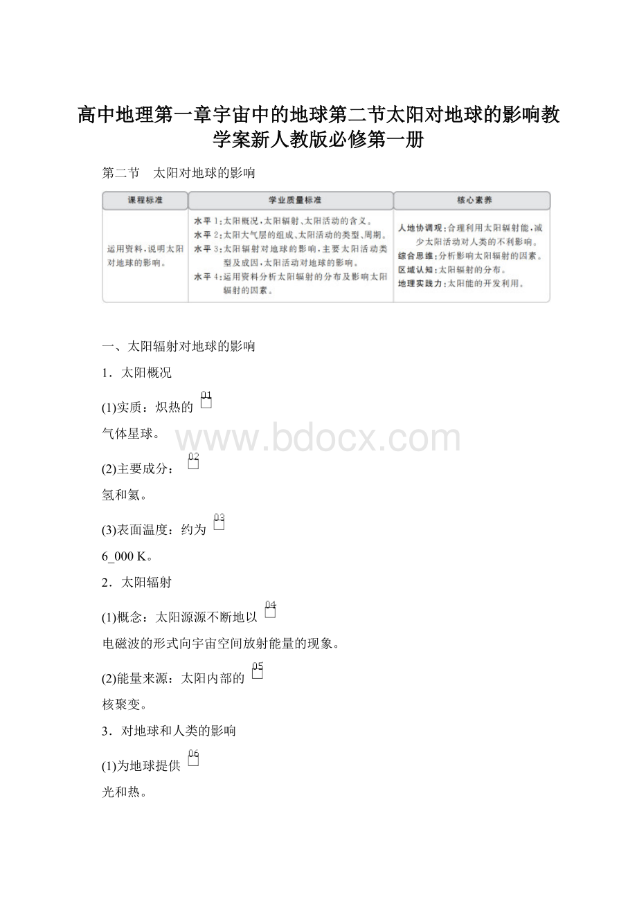 高中地理第一章宇宙中的地球第二节太阳对地球的影响教学案新人教版必修第一册.docx_第1页