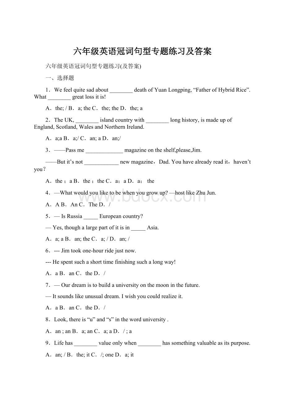 六年级英语冠词句型专题练习及答案.docx_第1页