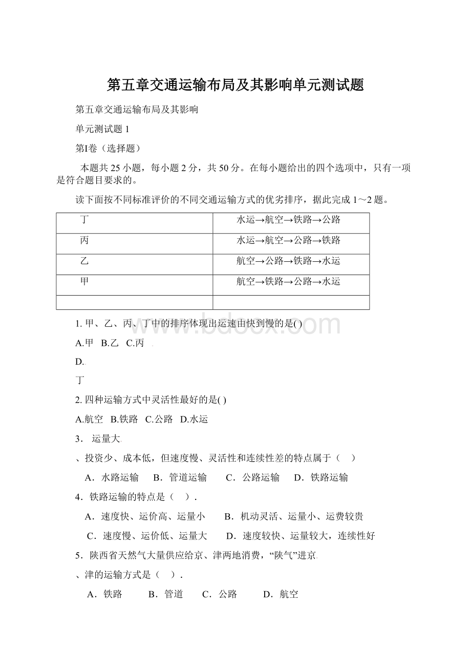 第五章交通运输布局及其影响单元测试题Word文件下载.docx_第1页