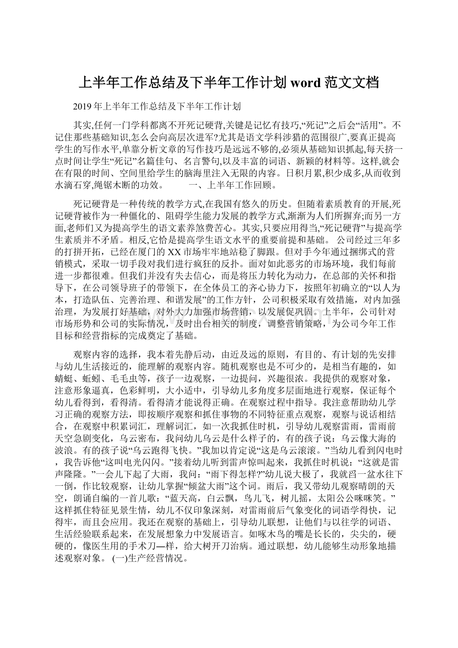 上半年工作总结及下半年工作计划word范文文档.docx