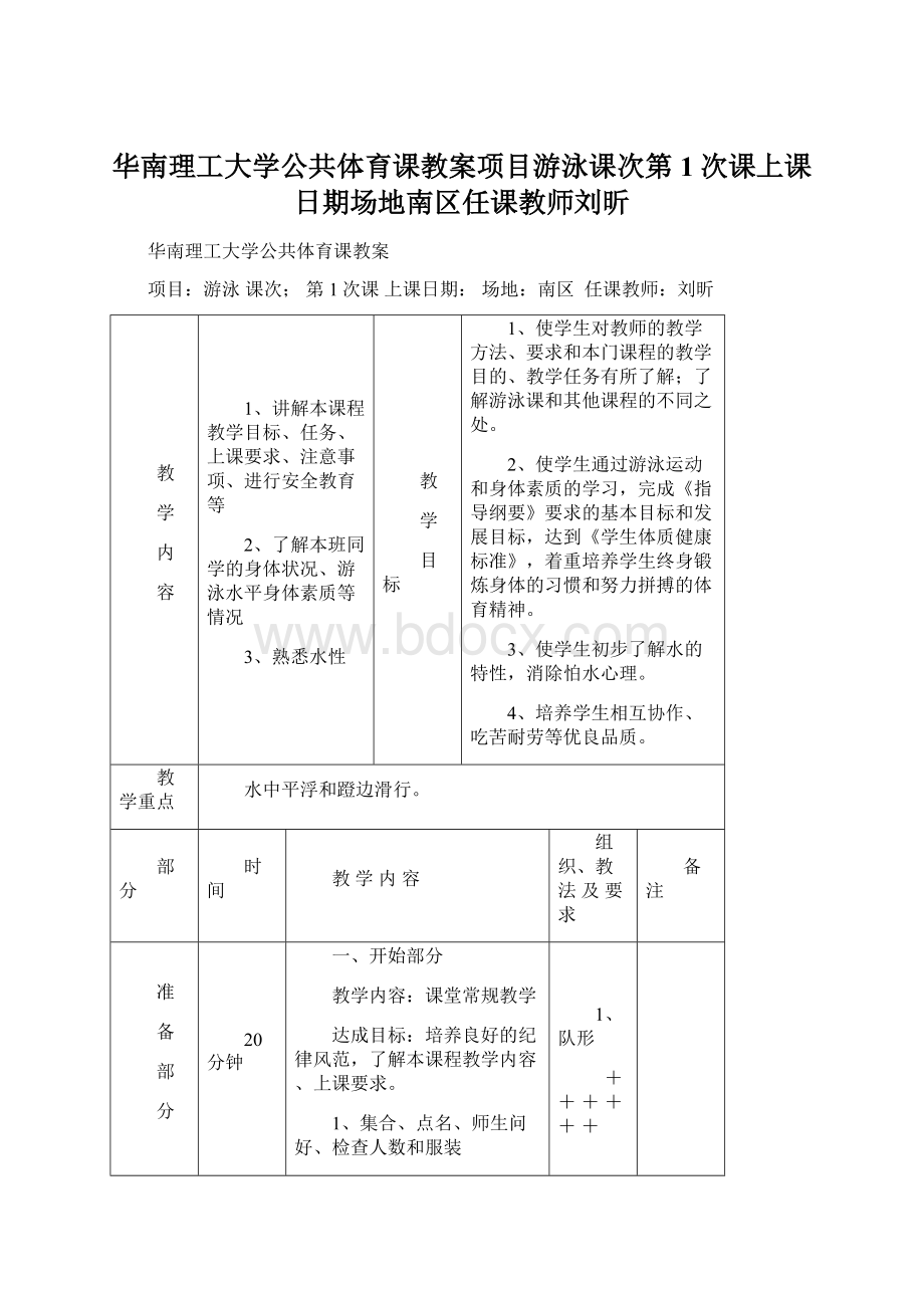 华南理工大学公共体育课教案项目游泳课次第1次课上课日期场地南区任课教师刘昕Word文件下载.docx