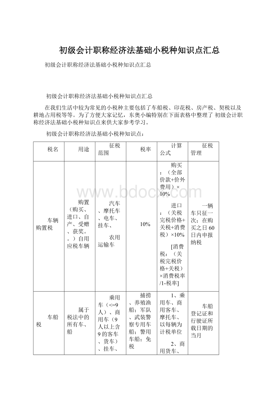 初级会计职称经济法基础小税种知识点汇总.docx_第1页