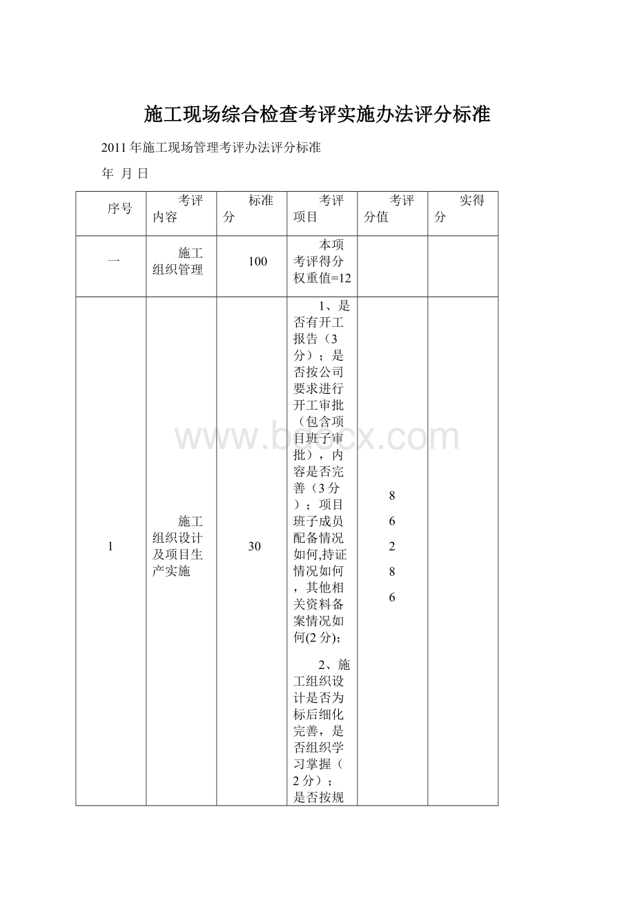 施工现场综合检查考评实施办法评分标准Word文件下载.docx