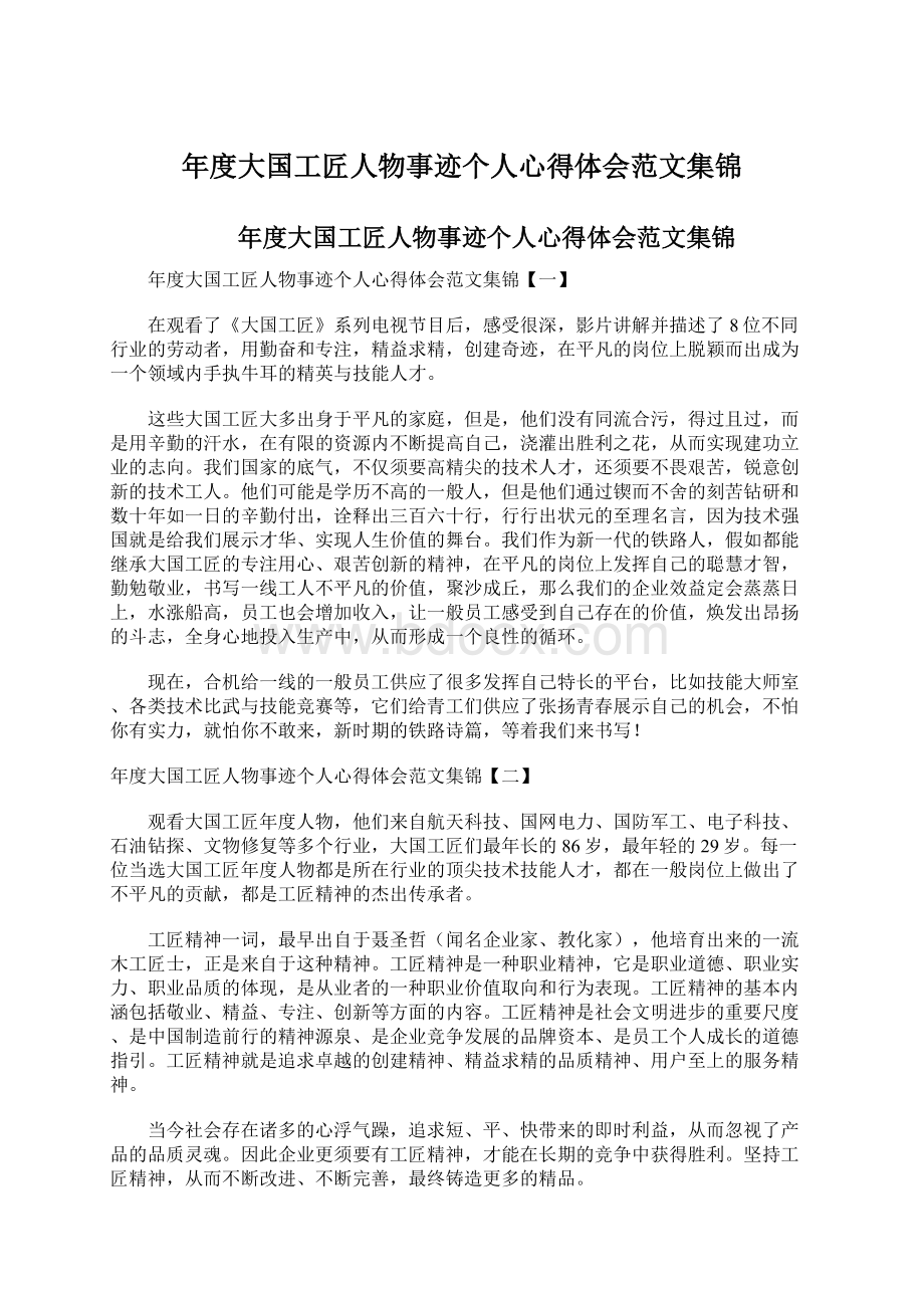 年度大国工匠人物事迹个人心得体会范文集锦Word下载.docx