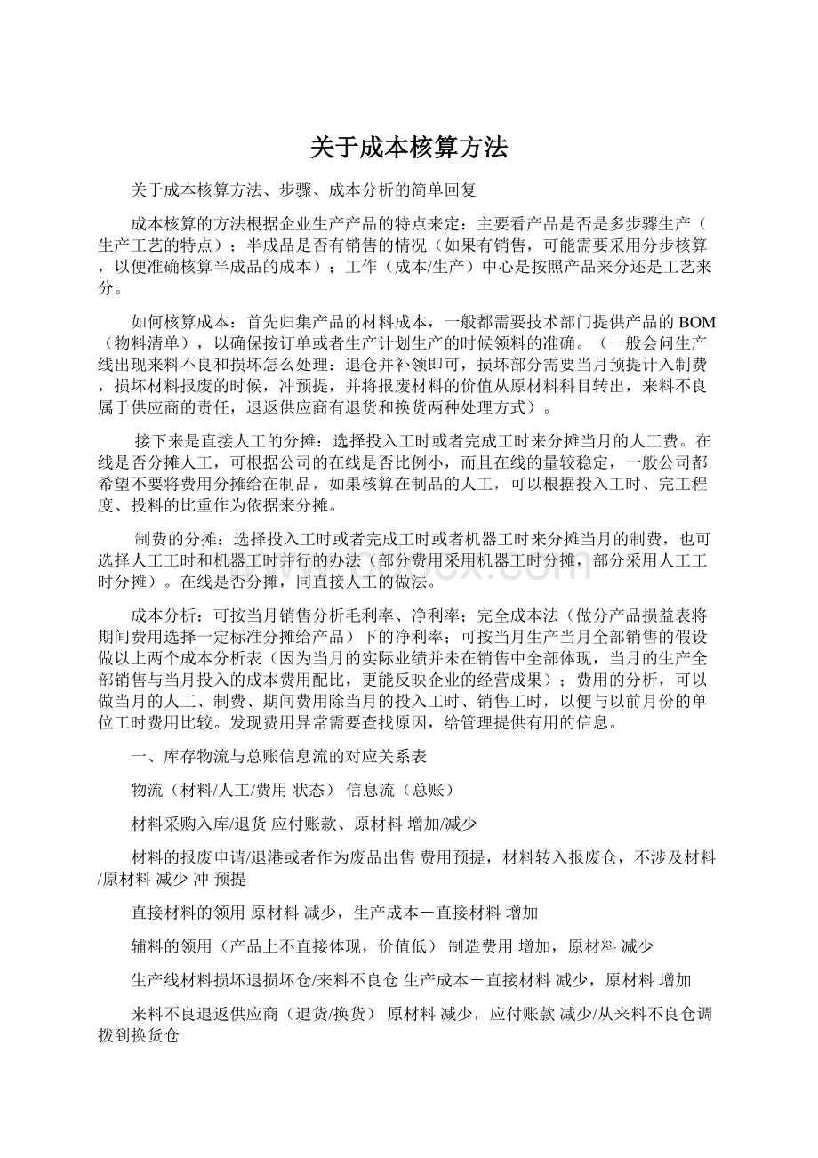 关于成本核算方法Word格式.docx