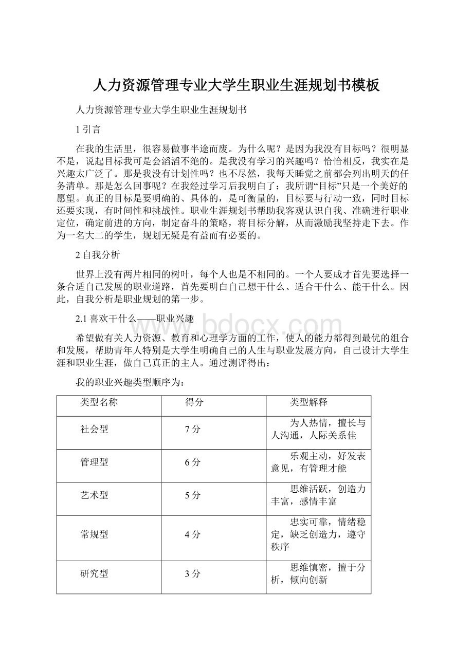 人力资源管理专业大学生职业生涯规划书模板.docx_第1页