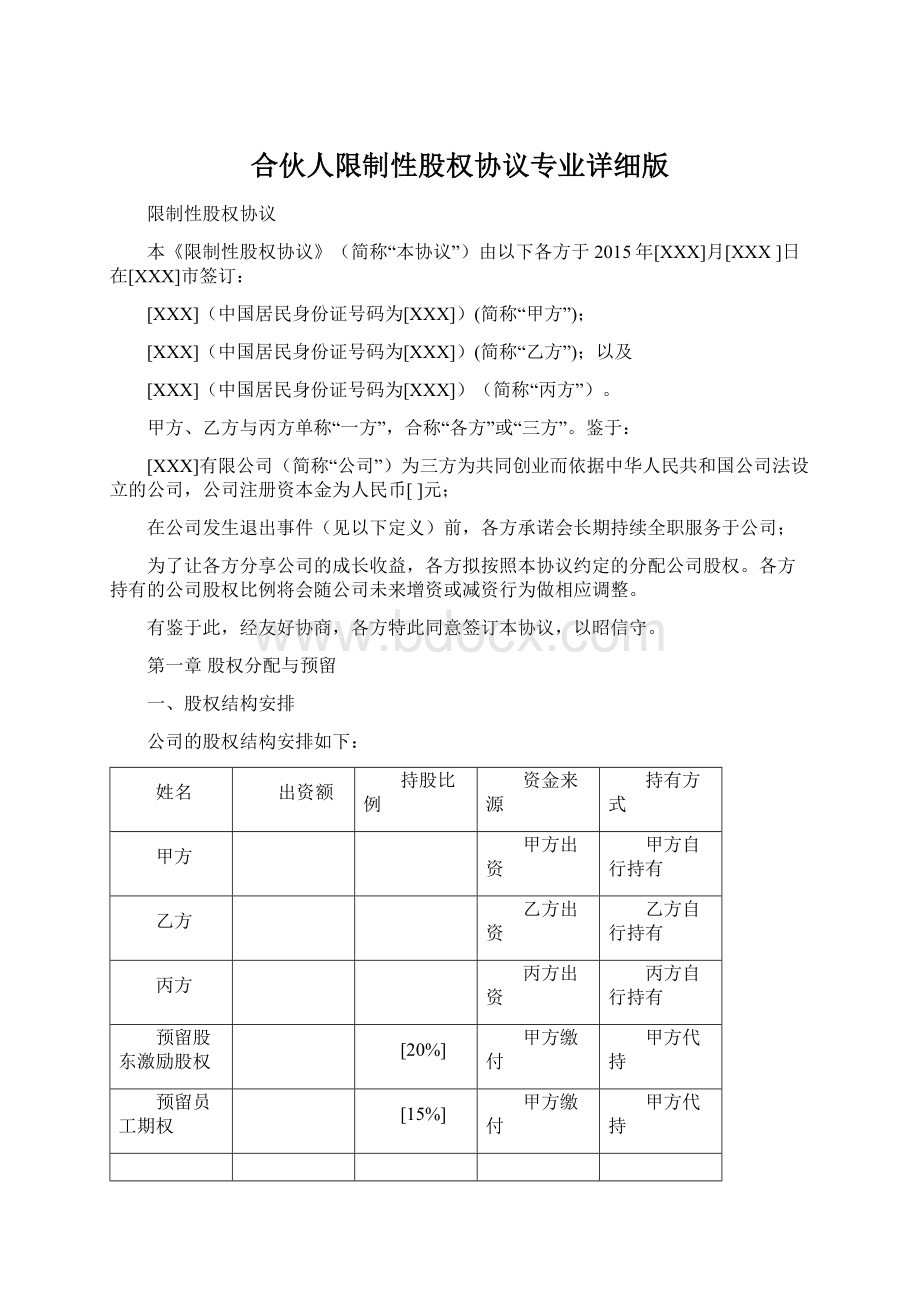 合伙人限制性股权协议专业详细版Word格式文档下载.docx