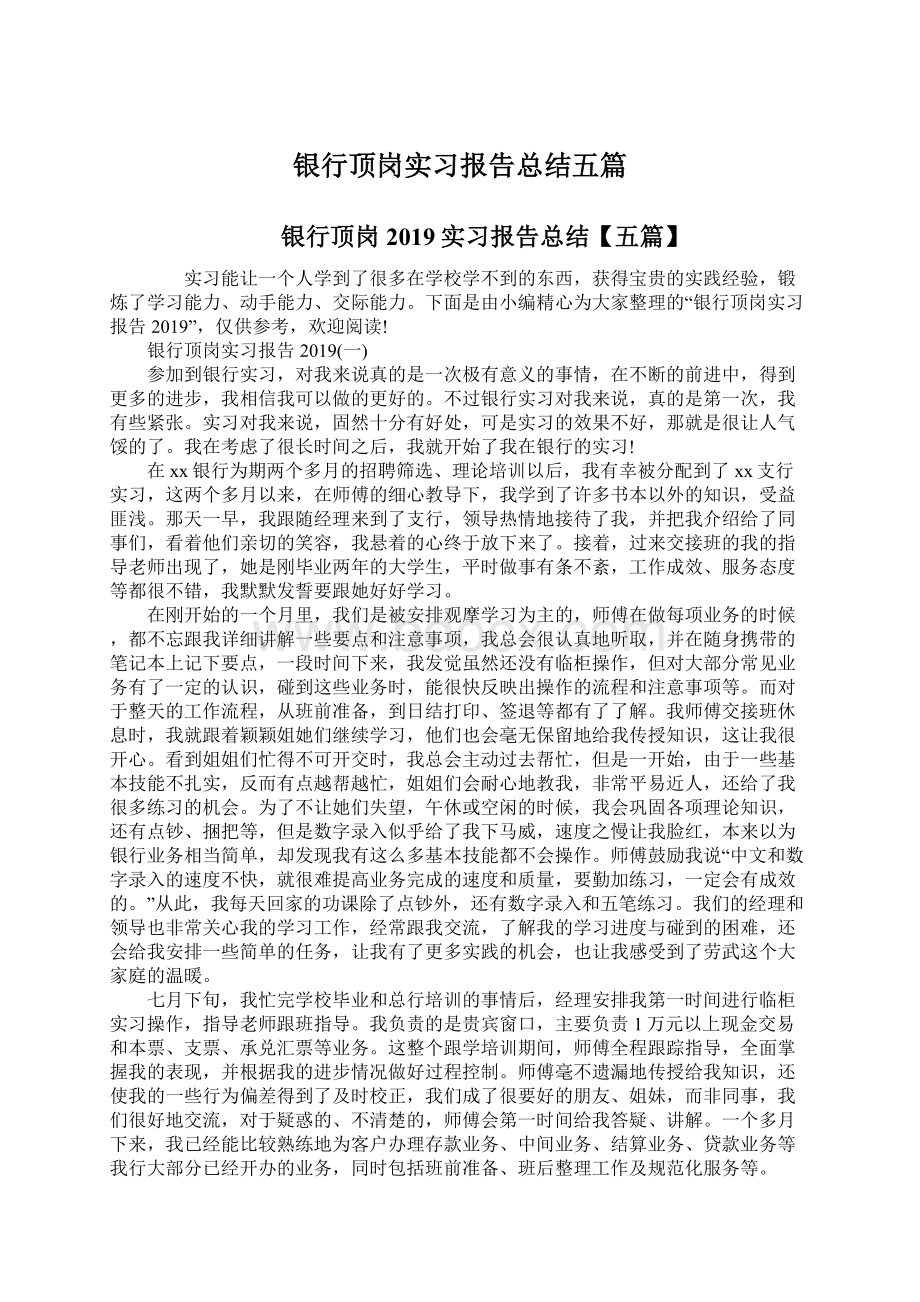 银行顶岗实习报告总结五篇.docx