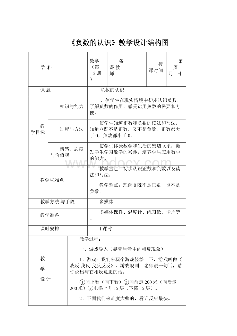 《负数的认识》教学设计结构图Word格式文档下载.docx_第1页