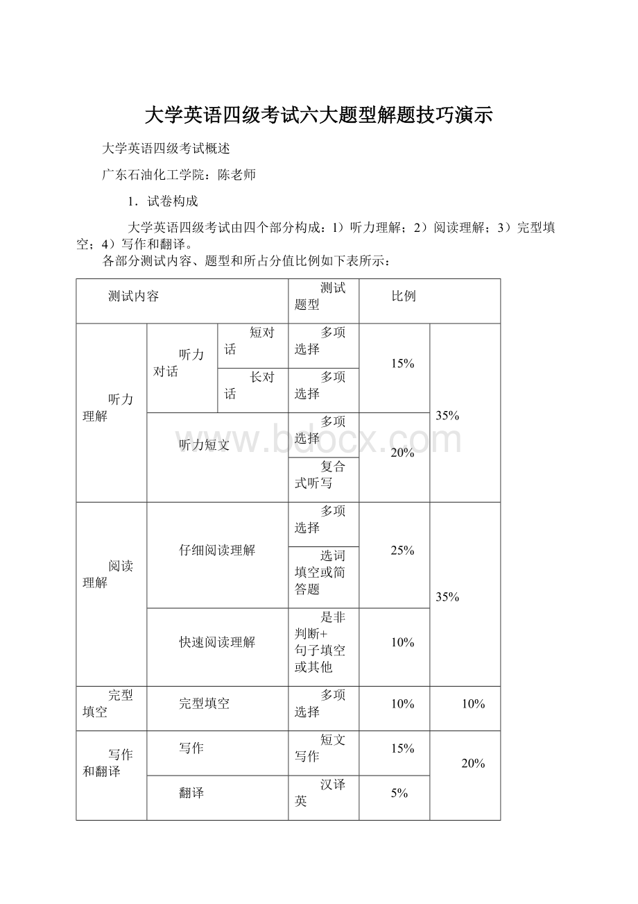 大学英语四级考试六大题型解题技巧演示Word格式.docx