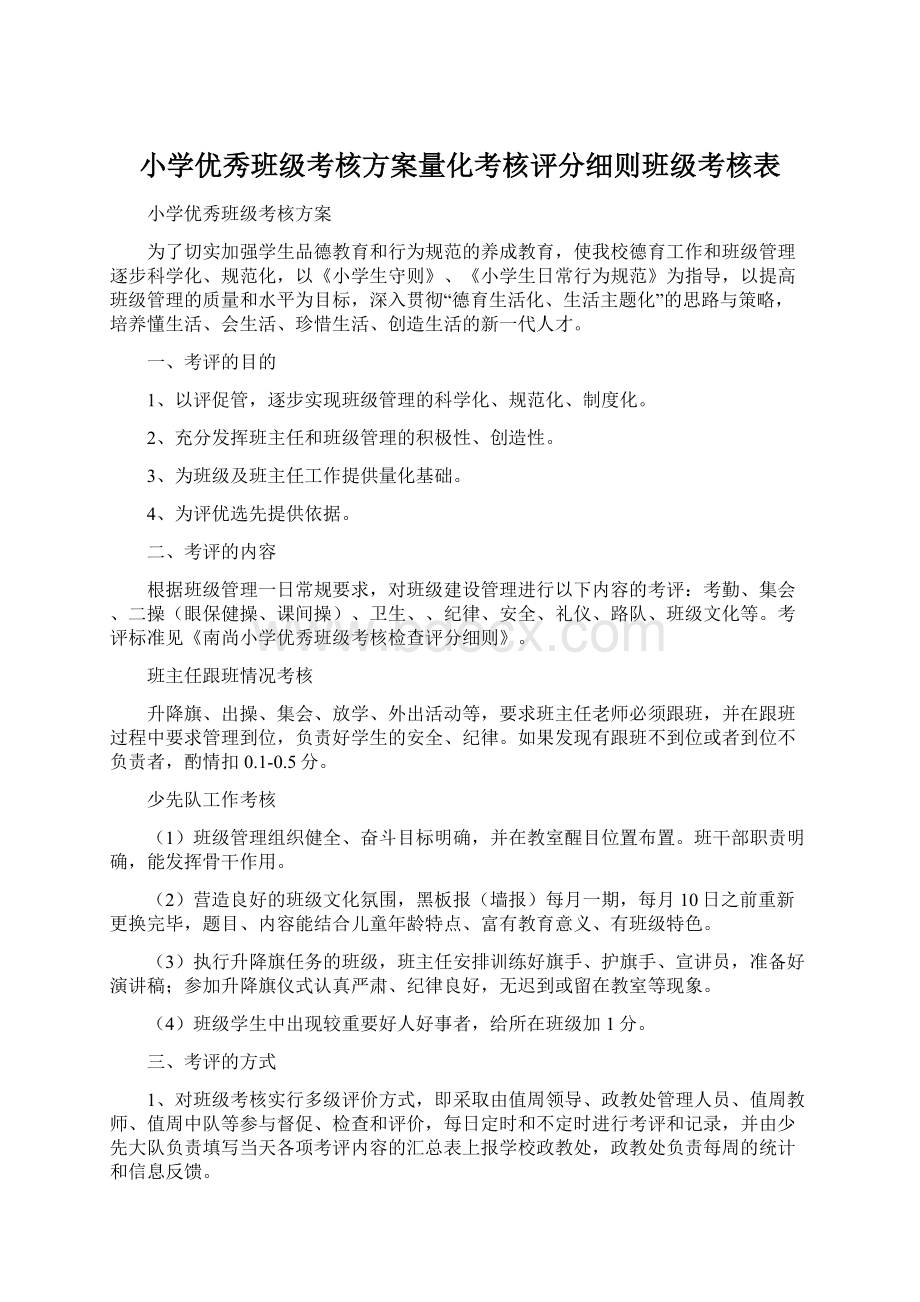 小学优秀班级考核方案量化考核评分细则班级考核表.docx