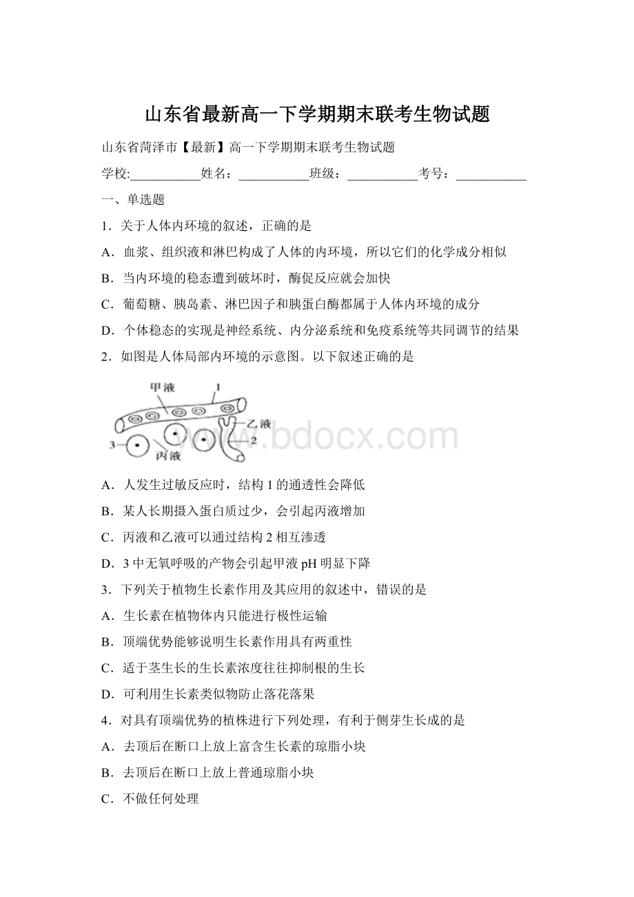 山东省最新高一下学期期末联考生物试题Word格式文档下载.docx_第1页