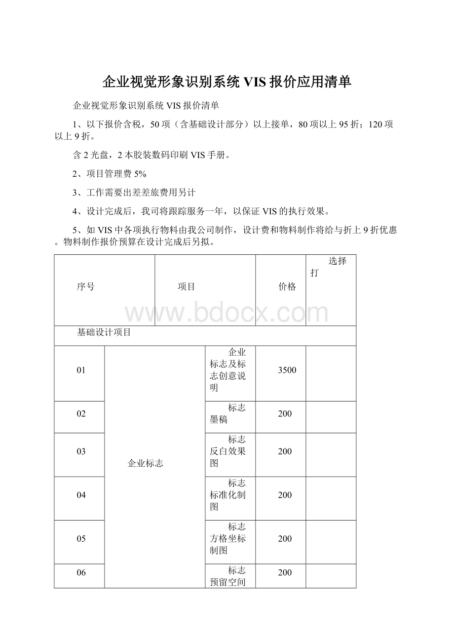 企业视觉形象识别系统VIS报价应用清单Word文档格式.docx