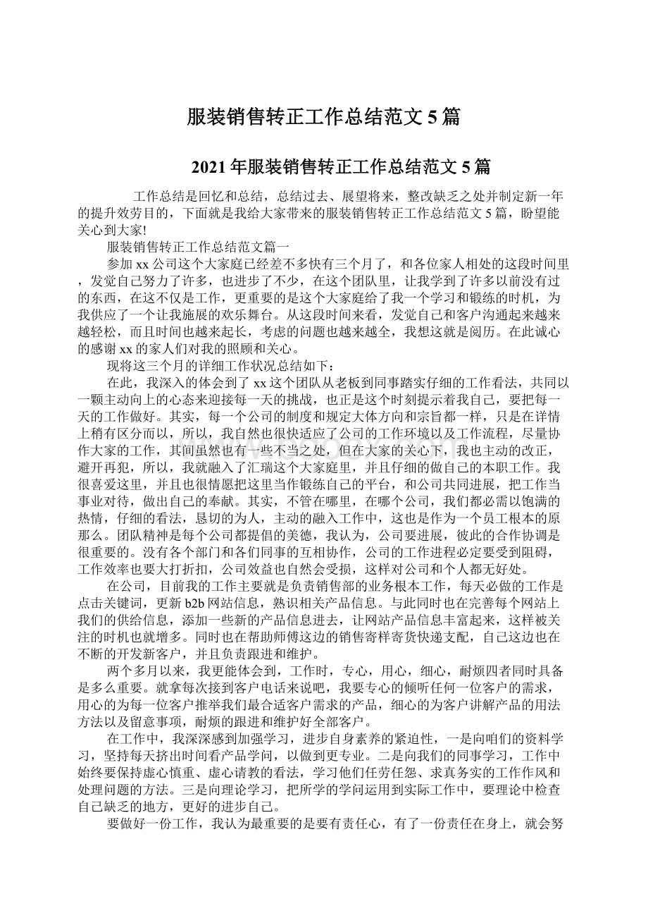 服装销售转正工作总结范文5篇Word格式文档下载.docx_第1页