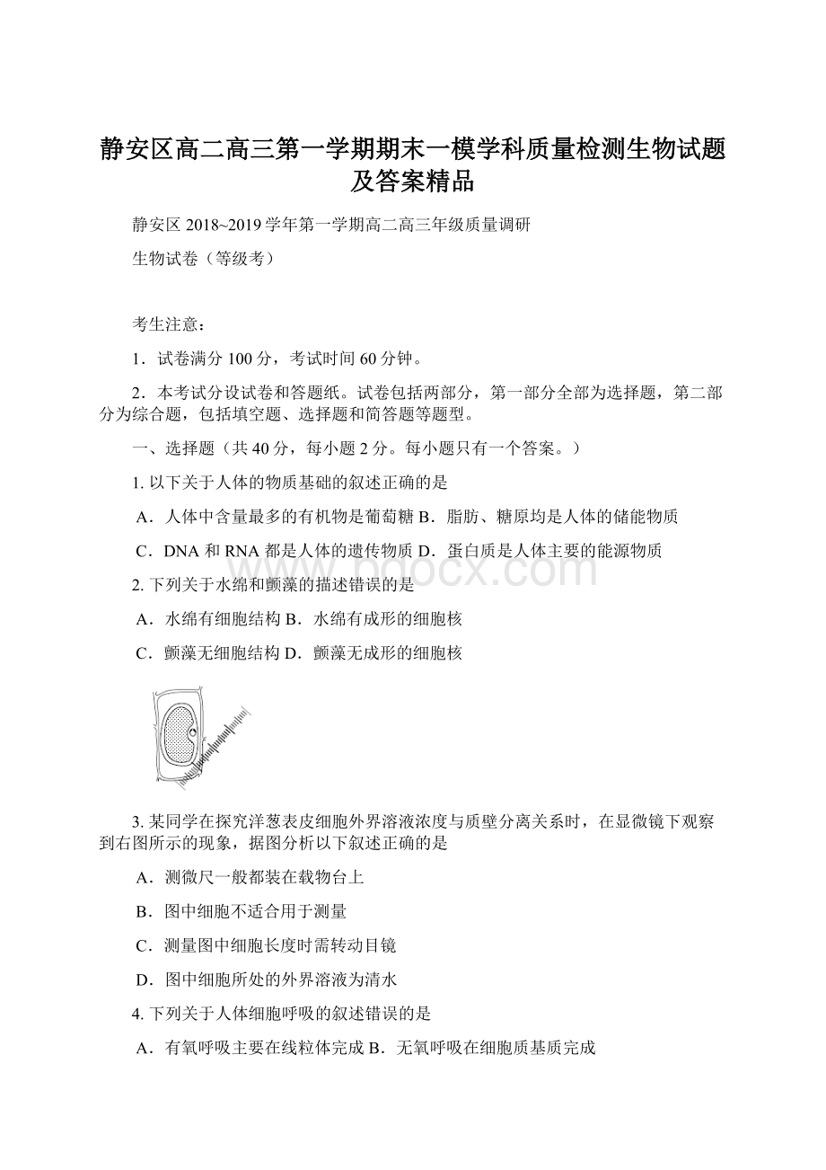 静安区高二高三第一学期期末一模学科质量检测生物试题及答案精品Word下载.docx_第1页