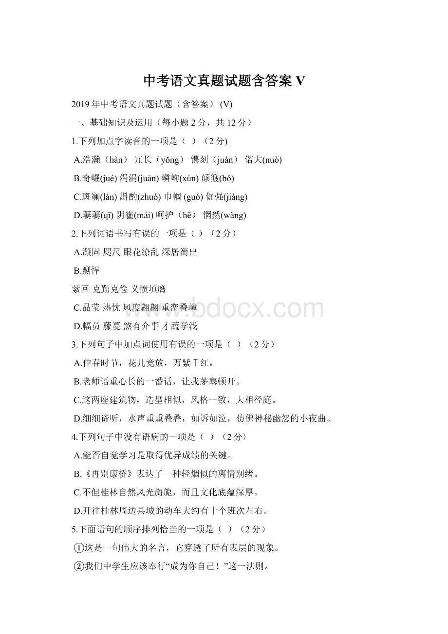 中考语文真题试题含答案 VWord格式.docx