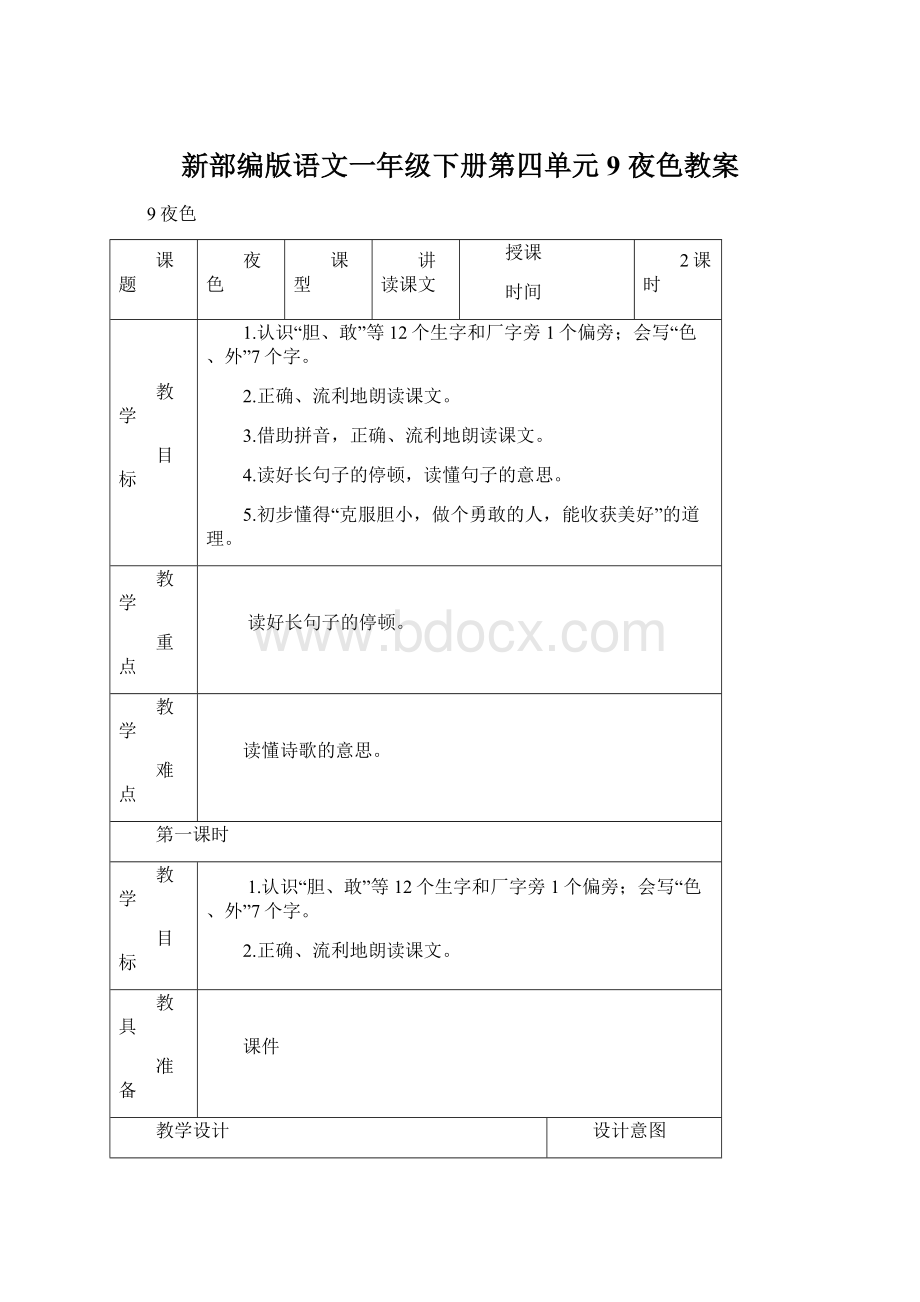 新部编版语文一年级下册第四单元9 夜色教案Word文件下载.docx