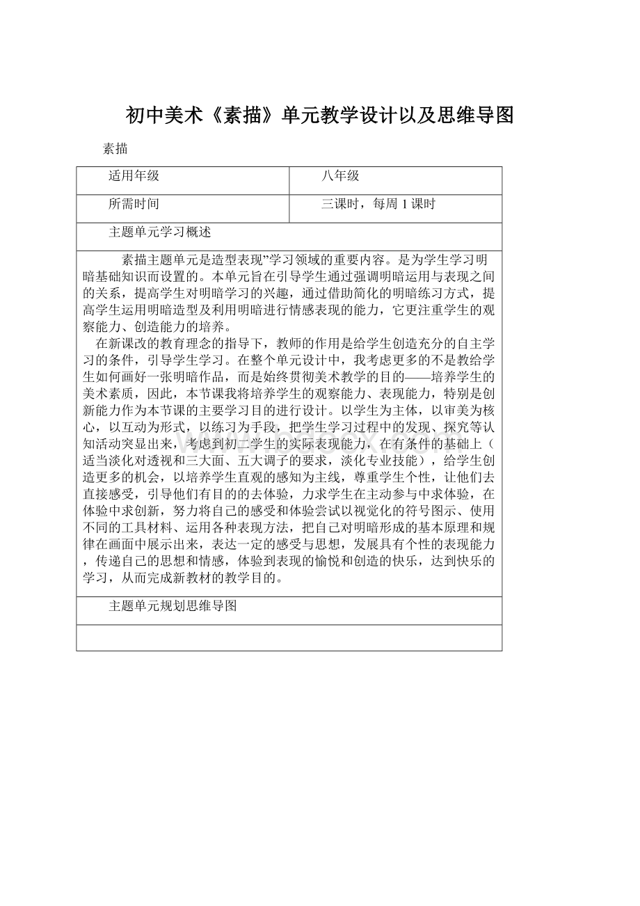 初中美术《素描》单元教学设计以及思维导图.docx_第1页