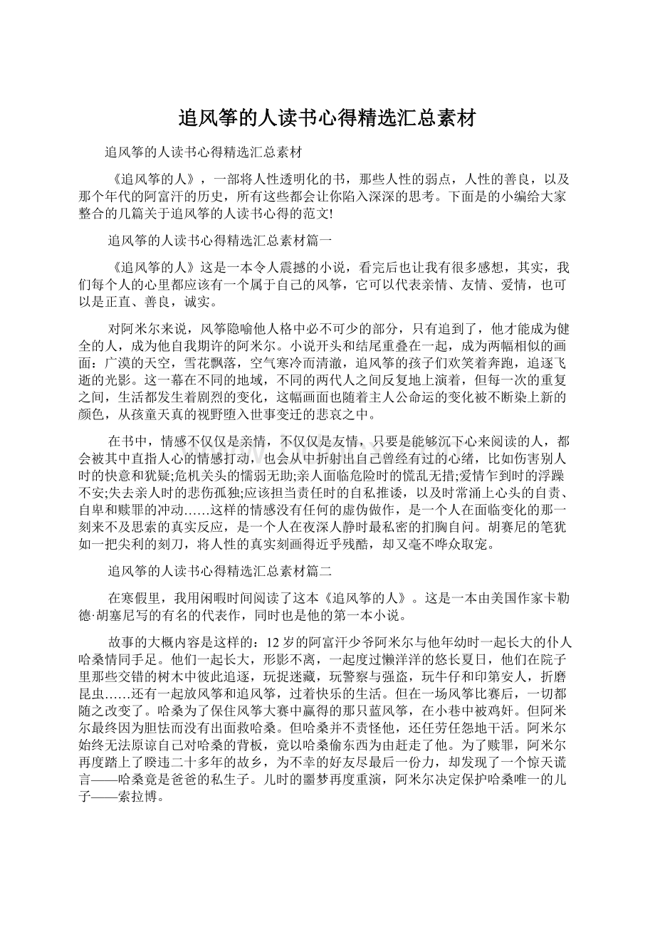 追风筝的人读书心得精选汇总素材Word格式文档下载.docx