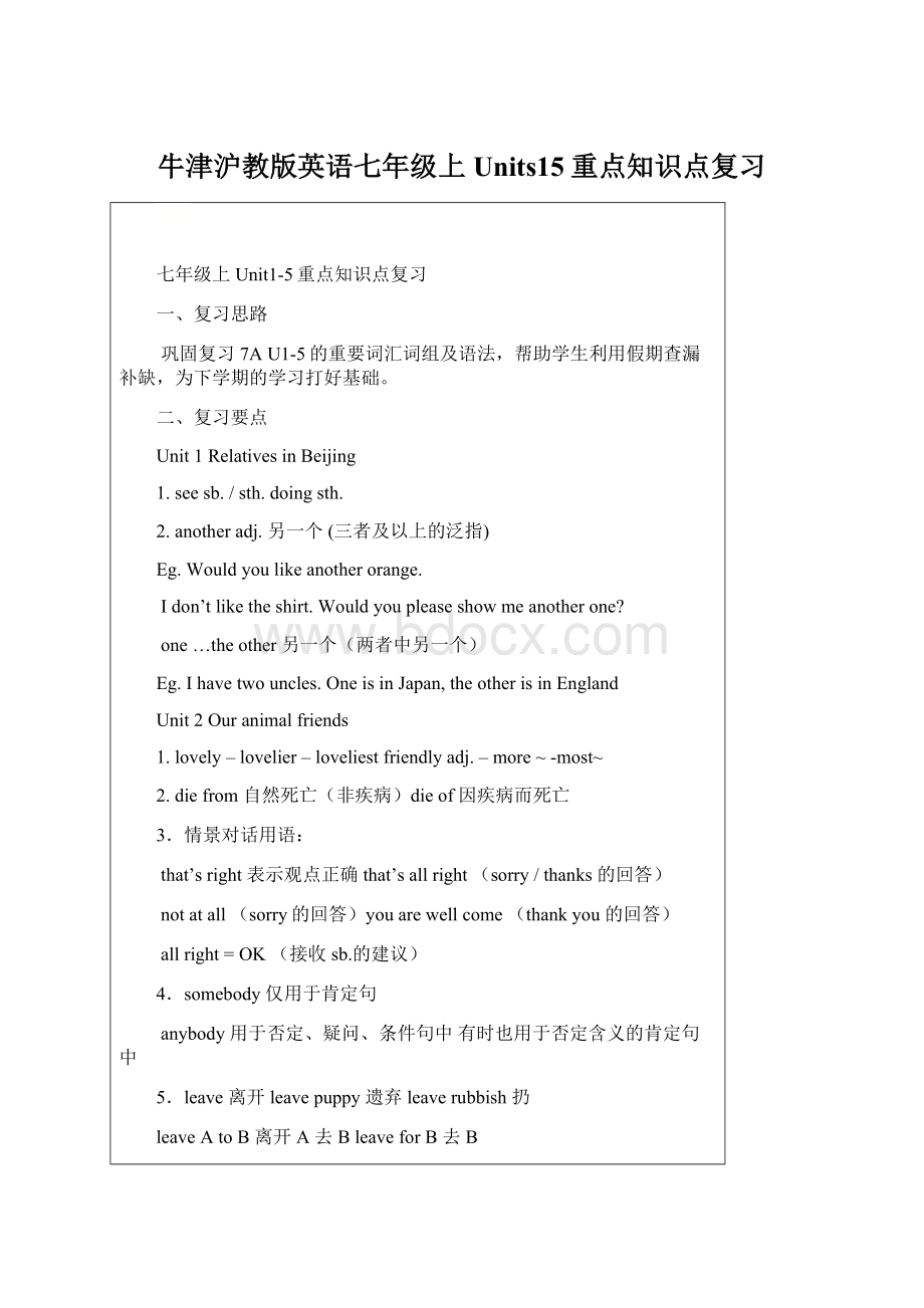 牛津沪教版英语七年级上 Units15重点知识点复习.docx_第1页