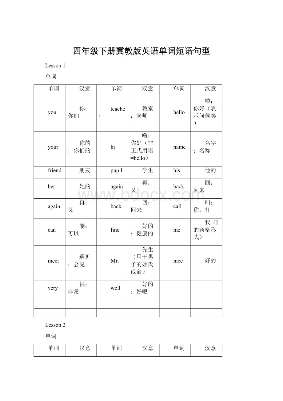 四年级下册冀教版英语单词短语句型.docx