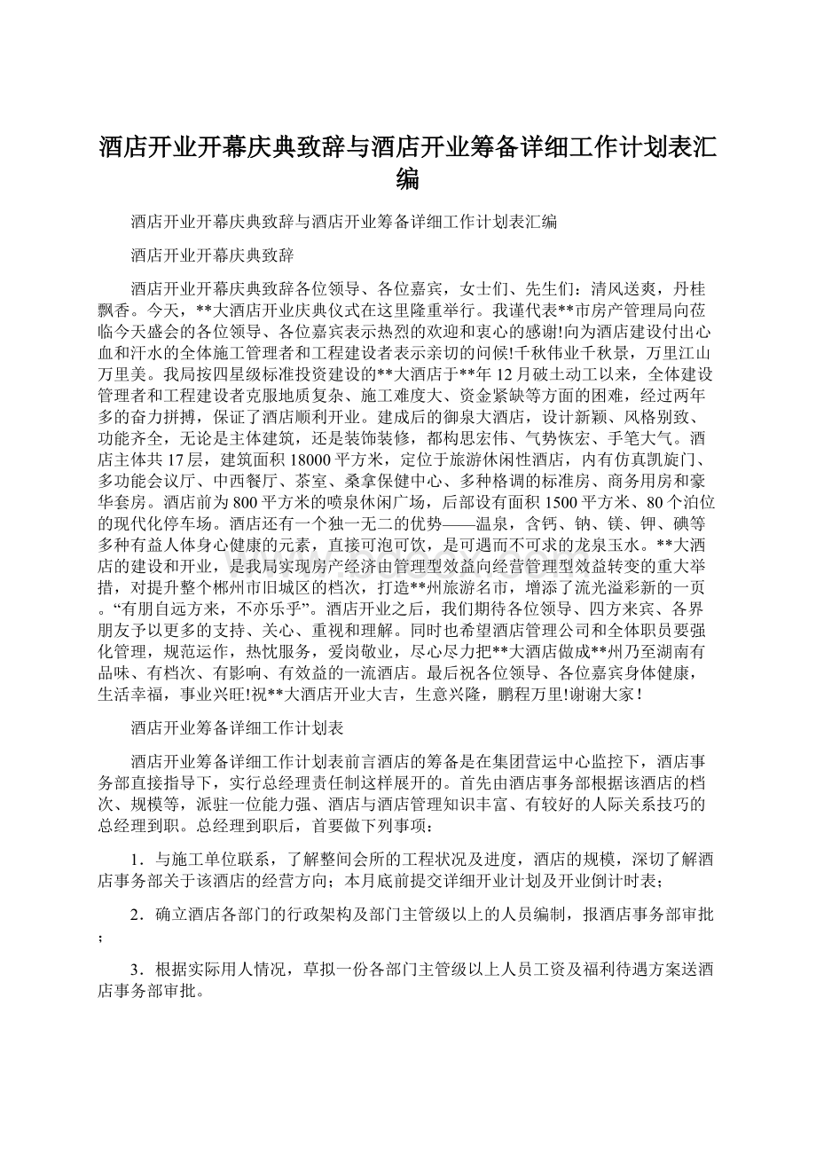 酒店开业开幕庆典致辞与酒店开业筹备详细工作计划表汇编Word格式文档下载.docx