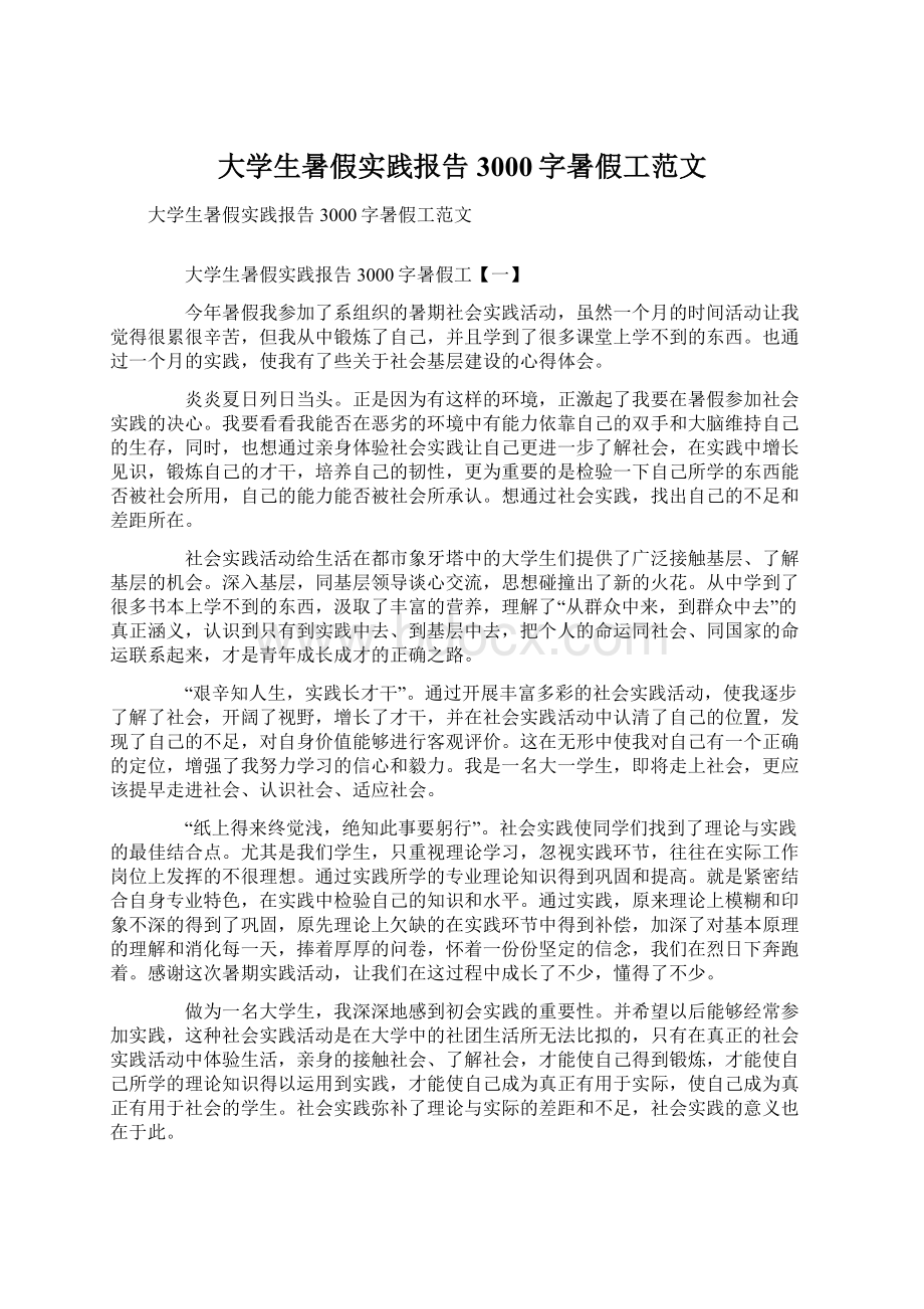 大学生暑假实践报告3000字暑假工范文.docx