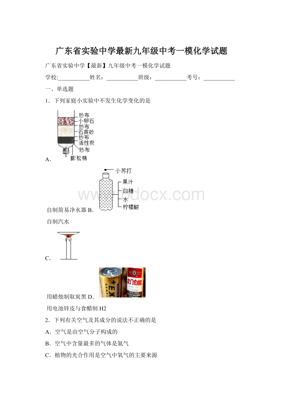 广东省实验中学最新九年级中考一模化学试题.docx