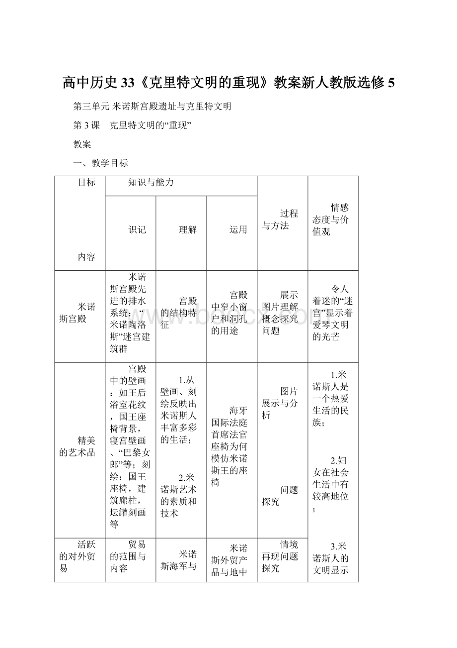 高中历史33《克里特文明的重现》教案新人教版选修5Word文档下载推荐.docx