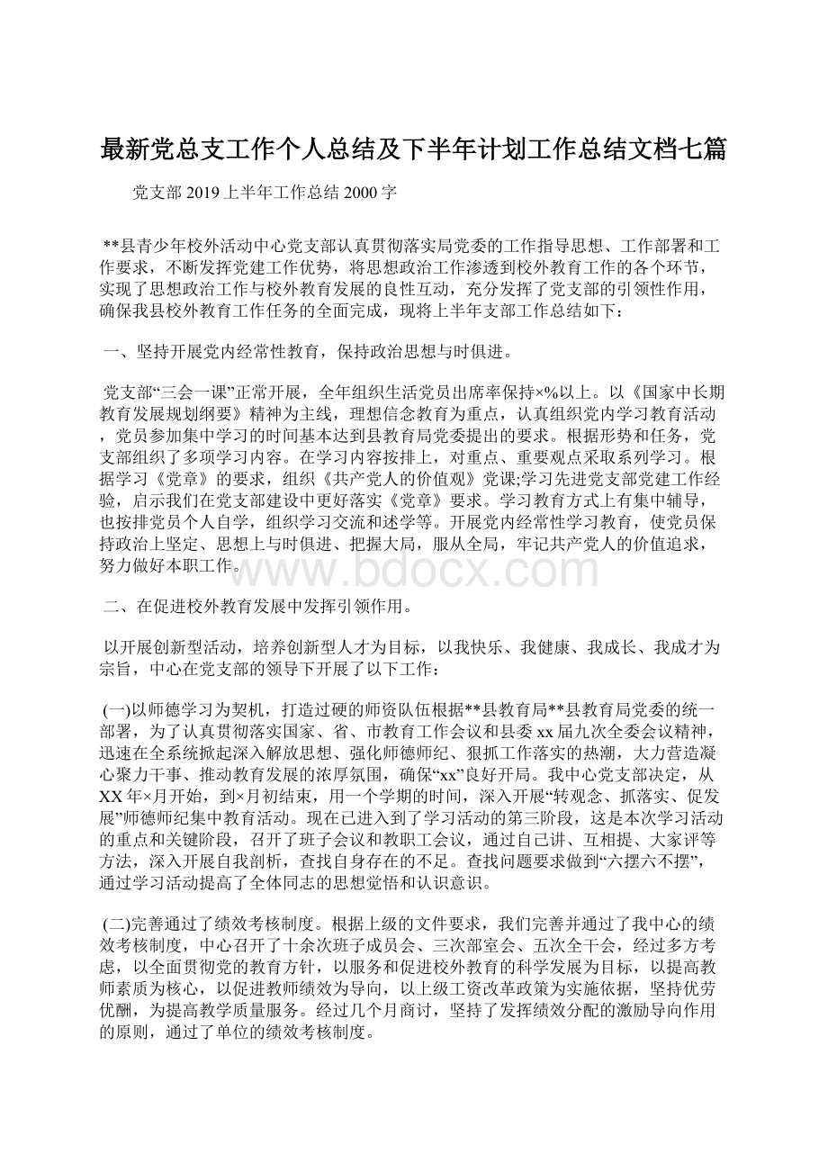 最新党总支工作个人总结及下半年计划工作总结文档七篇.docx