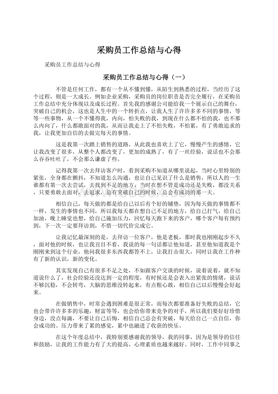 采购员工作总结与心得Word文档下载推荐.docx