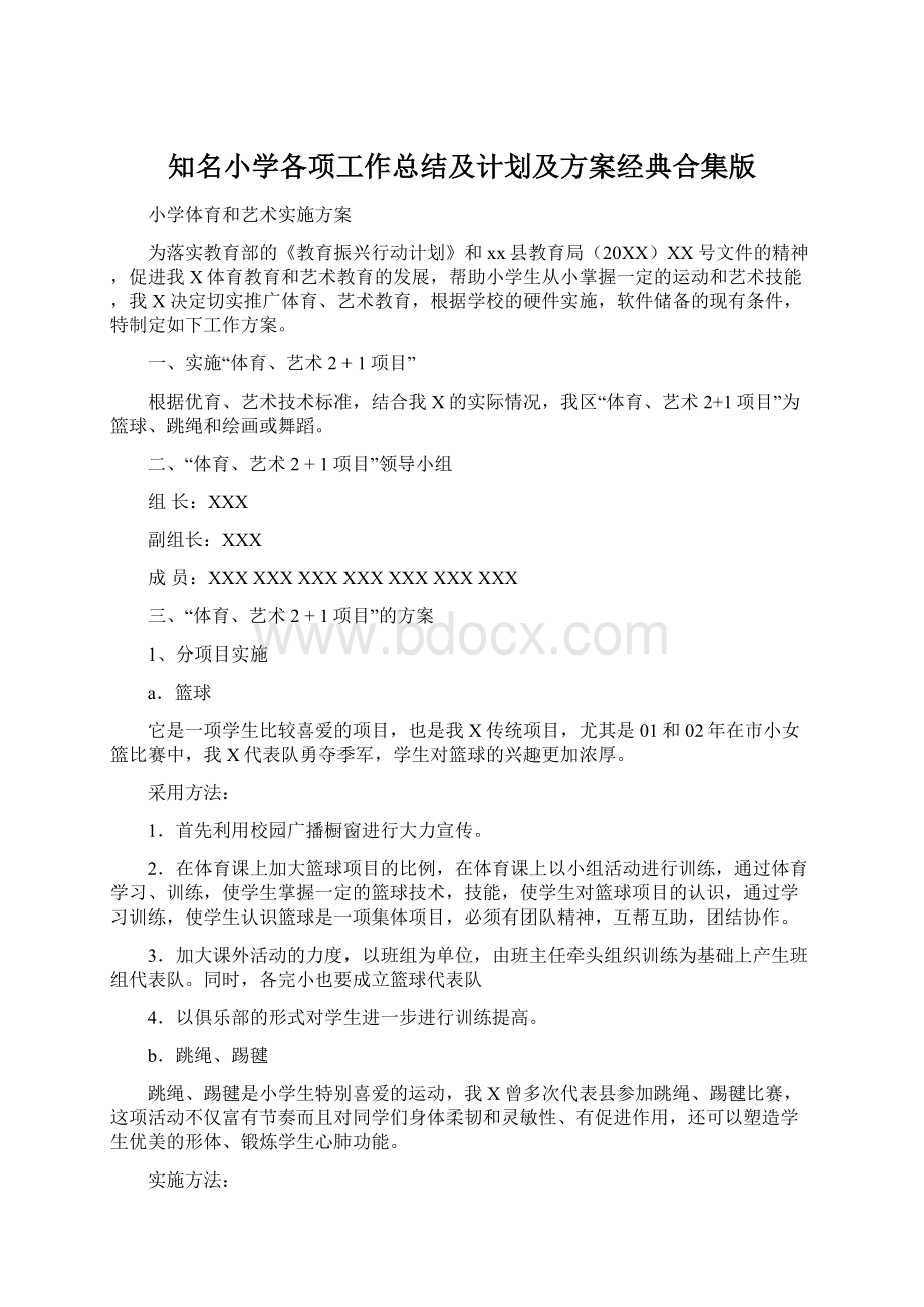 知名小学各项工作总结及计划及方案经典合集版Word文档格式.docx_第1页