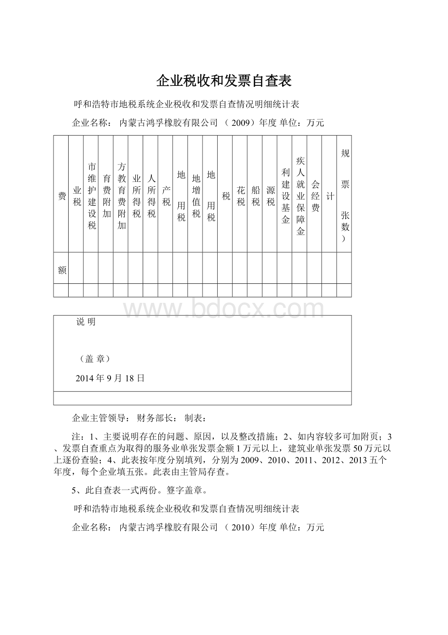 企业税收和发票自查表Word格式文档下载.docx