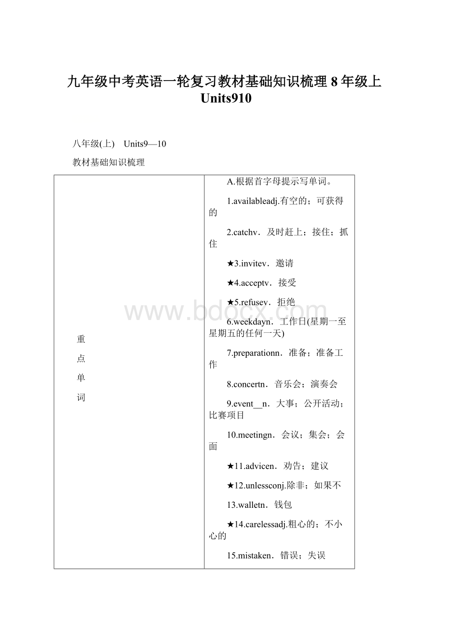 九年级中考英语一轮复习教材基础知识梳理8年级上Units910.docx_第1页