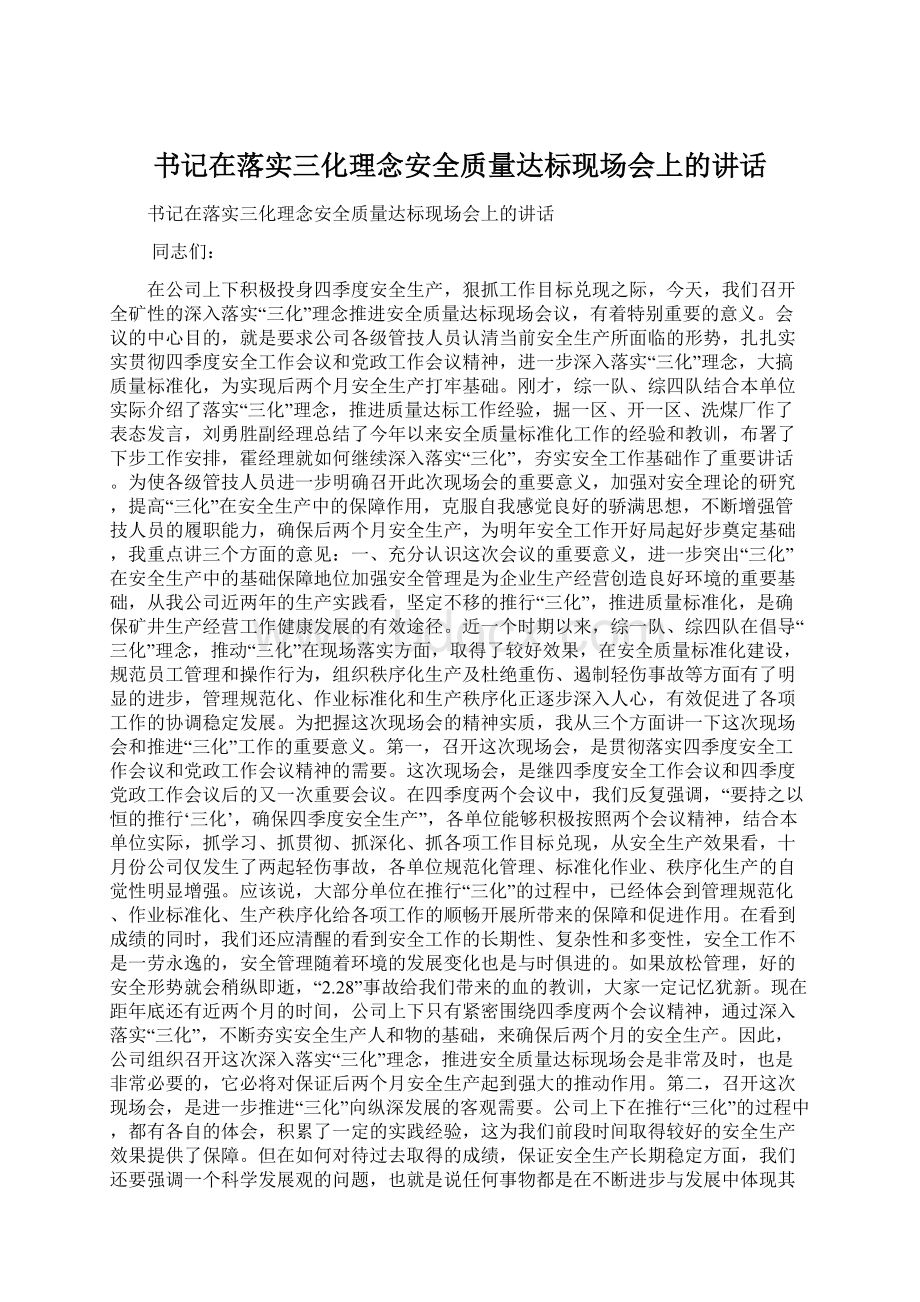 书记在落实三化理念安全质量达标现场会上的讲话Word下载.docx_第1页