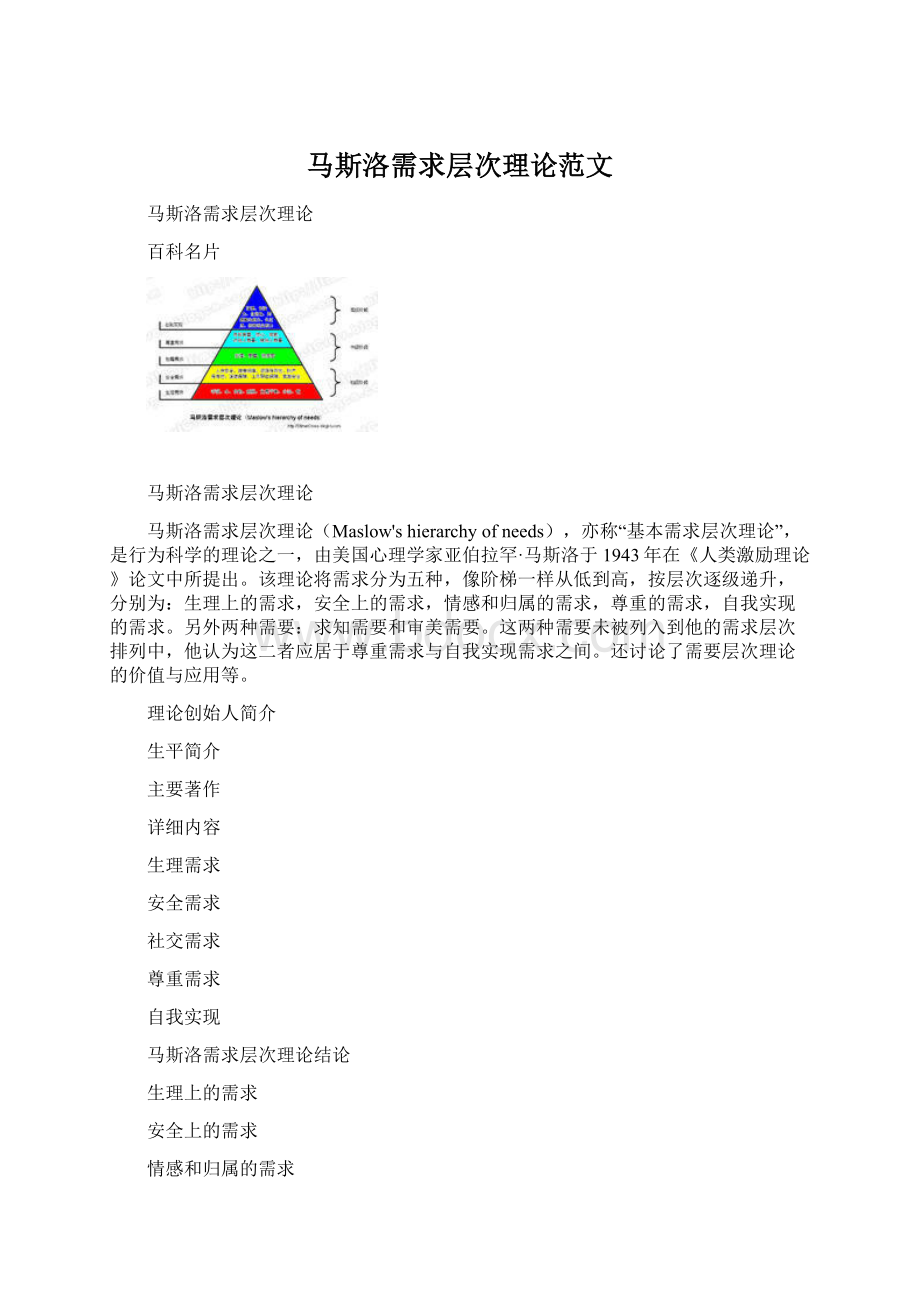 马斯洛需求层次理论范文Word文档格式.docx