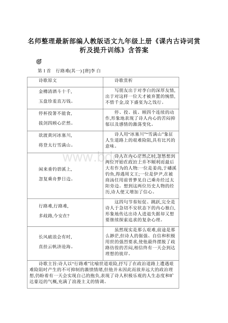 名师整理最新部编人教版语文九年级上册《课内古诗词赏析及提升训练》含答案.docx