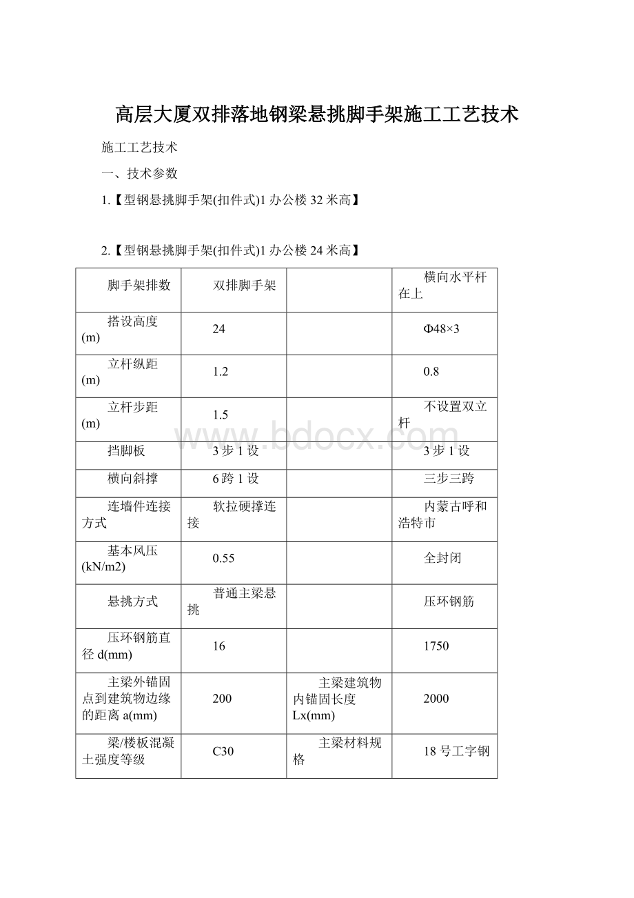 高层大厦双排落地钢梁悬挑脚手架施工工艺技术文档格式.docx_第1页