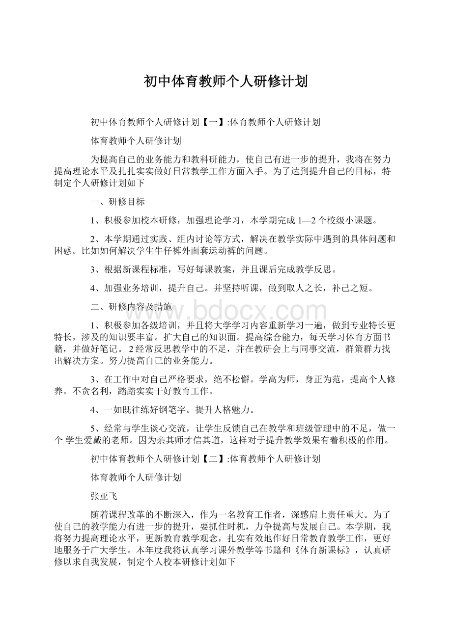 初中体育教师个人研修计划Word下载.docx