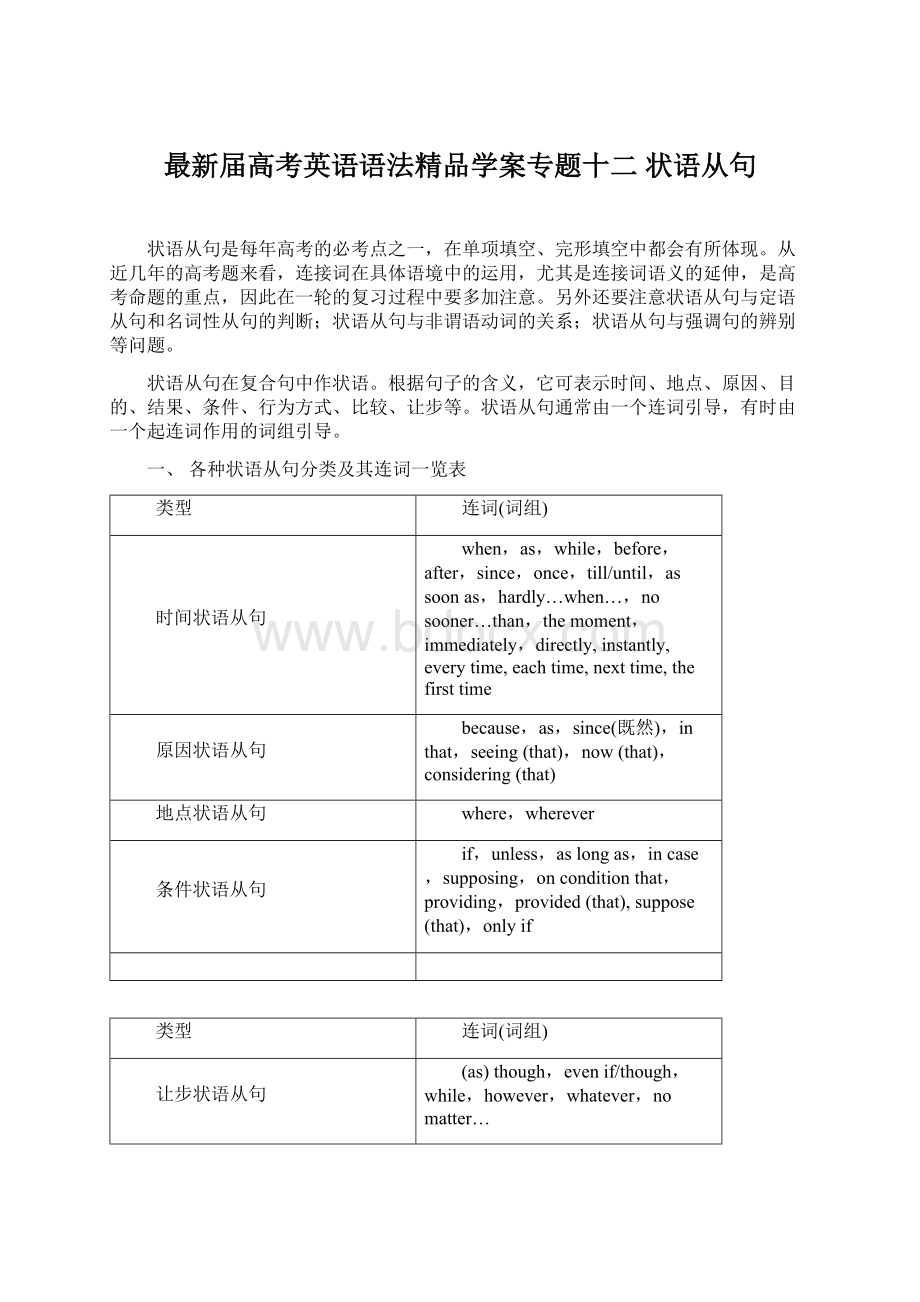 最新届高考英语语法精品学案专题十二 状语从句.docx_第1页