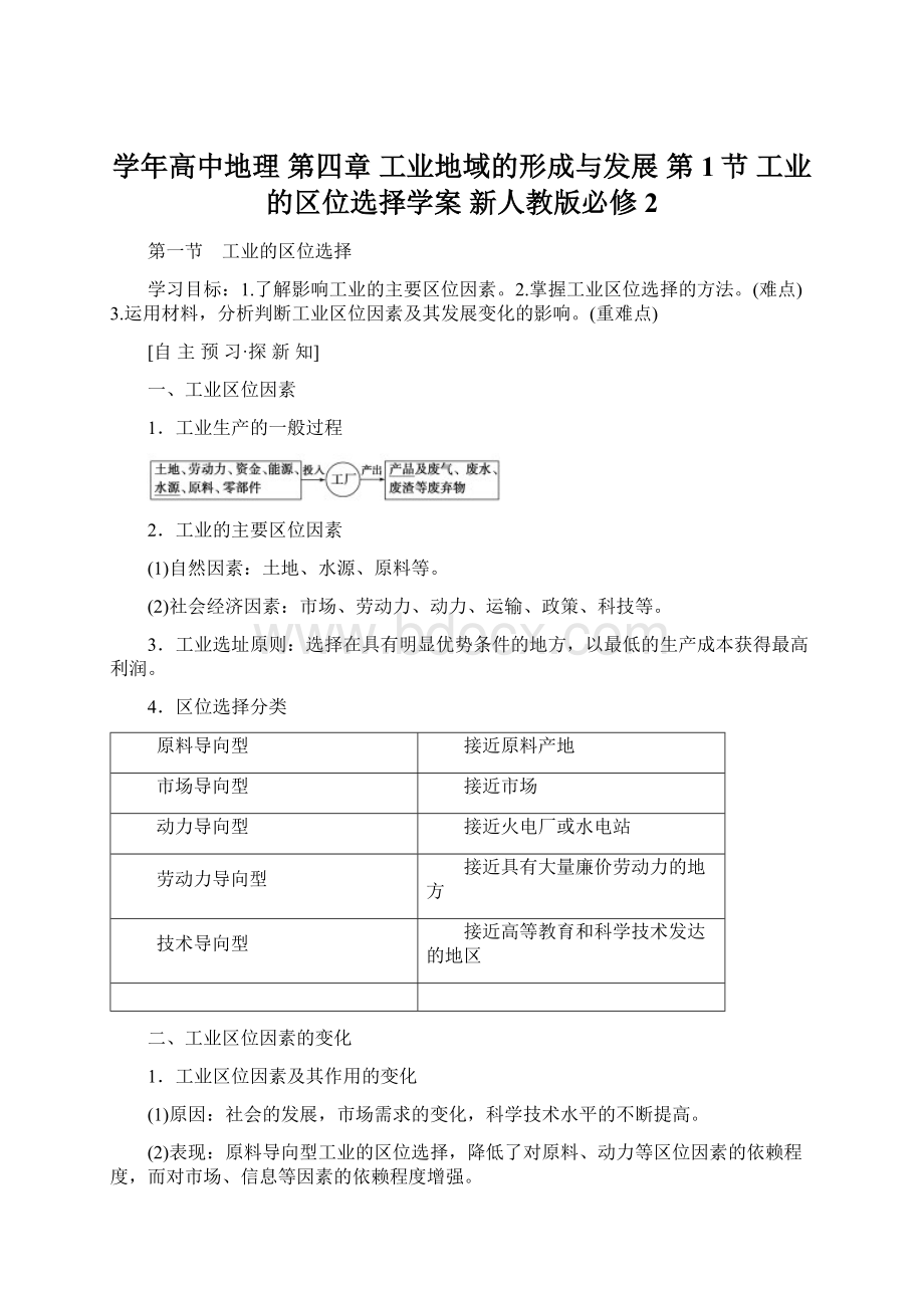 学年高中地理 第四章 工业地域的形成与发展 第1节 工业的区位选择学案 新人教版必修2Word文档下载推荐.docx