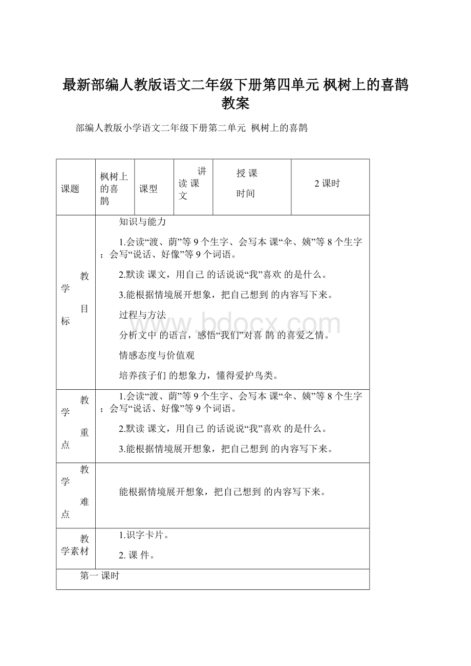 最新部编人教版语文二年级下册第四单元 枫树上的喜鹊 教案文档格式.docx_第1页