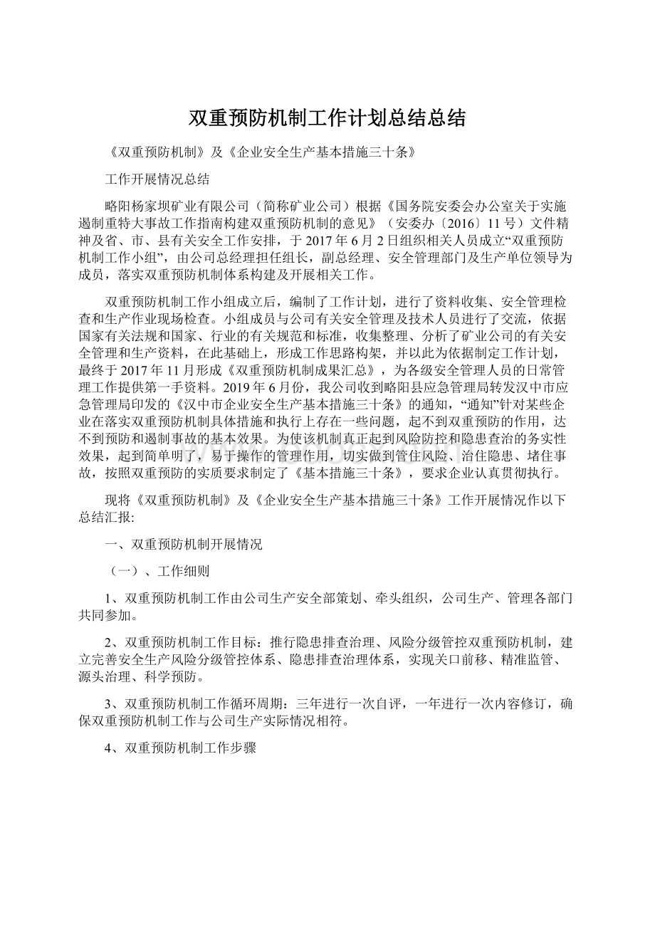 双重预防机制工作计划总结总结Word格式.docx